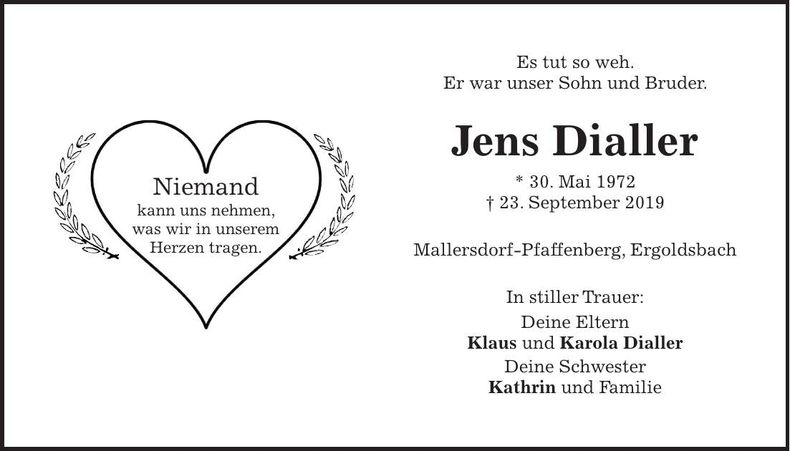 Traueranzeige Jens Dialler