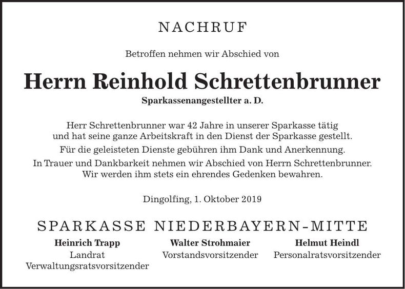 Traueranzeige Reinhold Schrettenbrunner