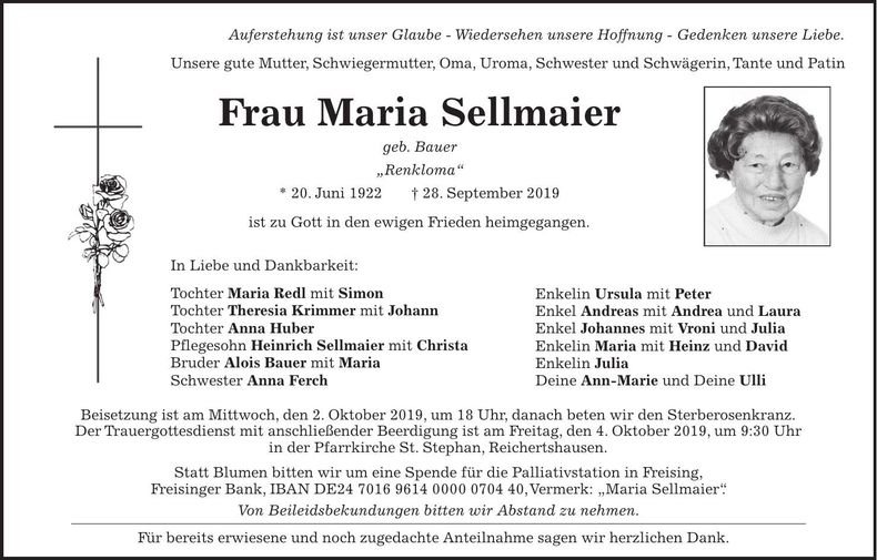 Traueranzeige Maria Sellmaier