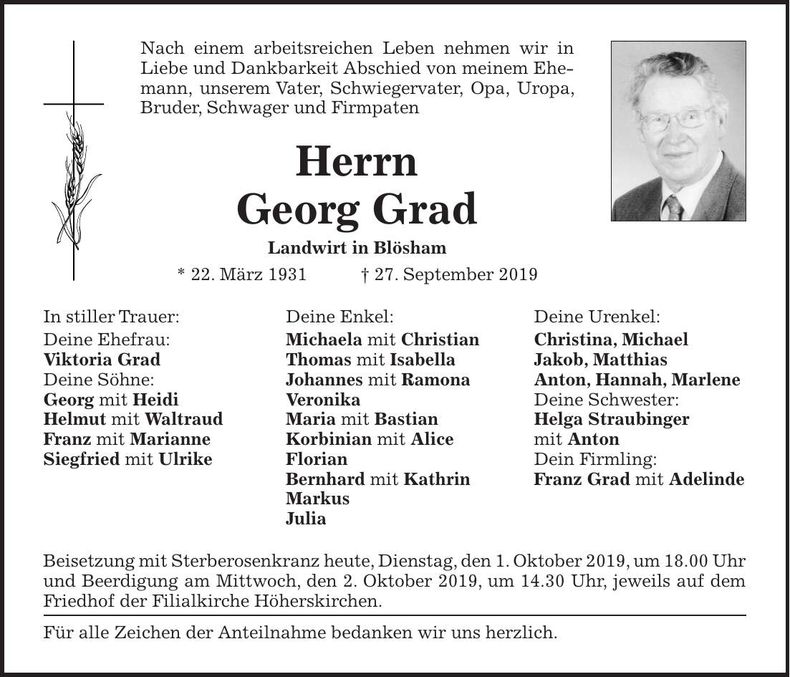 Traueranzeige Georg Grad