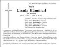 Traueranzeige Ursula Hämmerl
