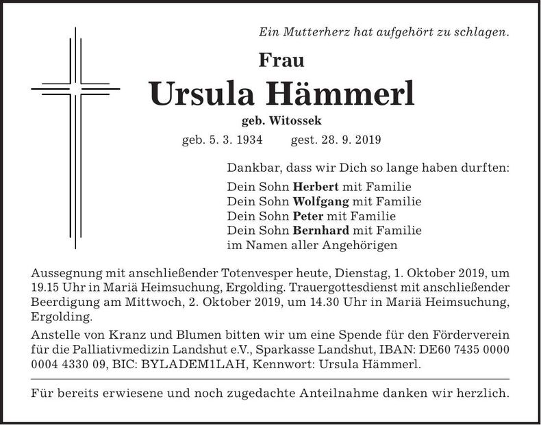 Traueranzeige Ursula Hämmerl