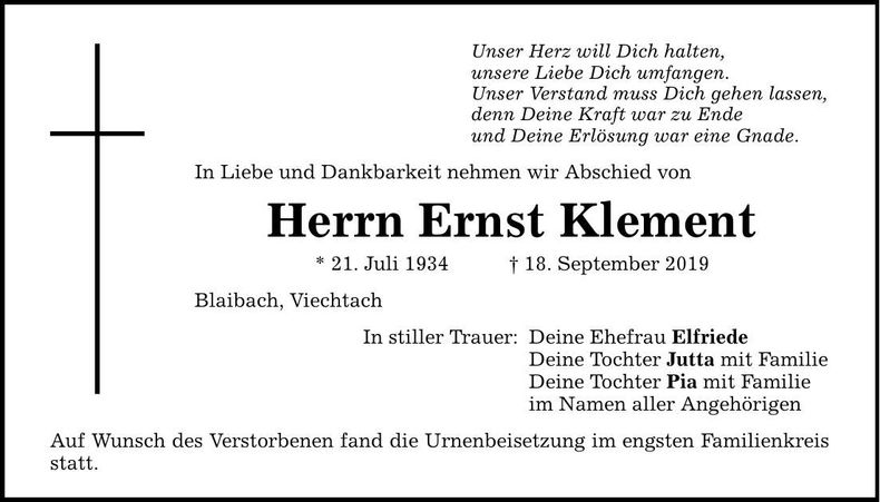 Traueranzeige Ernst Klement