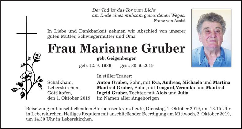 Traueranzeige Marianne Gruber