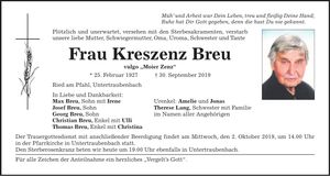 Traueranzeige Kreszenz Breu
