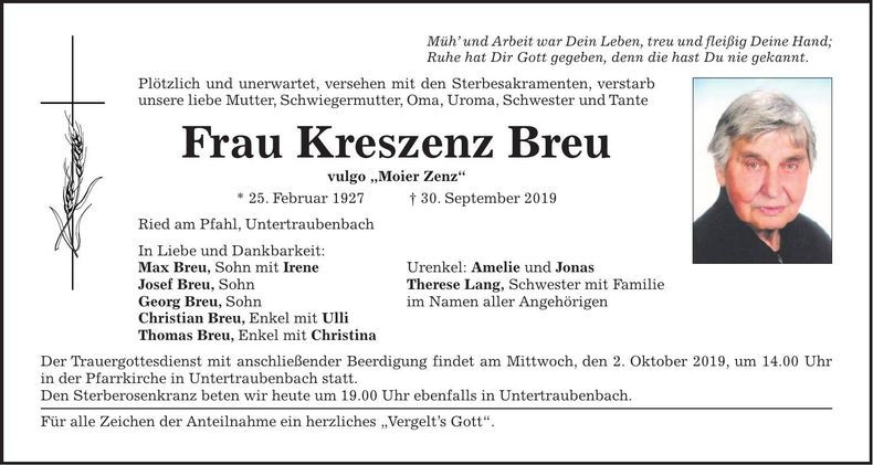 Traueranzeige Kreszenz Breu