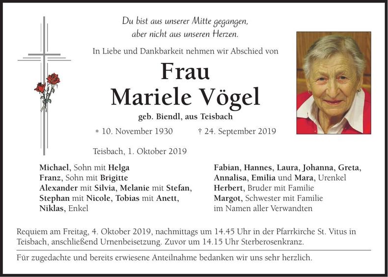 Traueranzeige Mariele Vögel