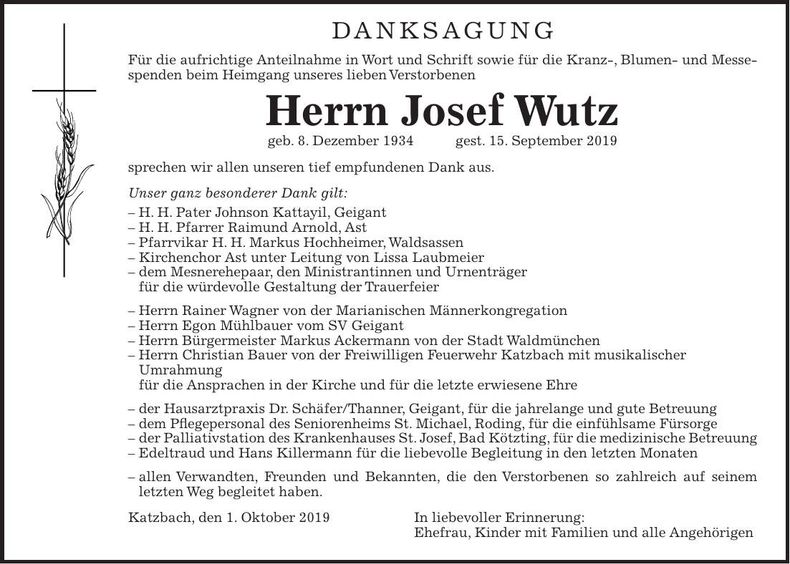 Traueranzeige Josef Wutz
