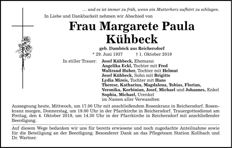 Traueranzeige Margarete Paula Kühbeck