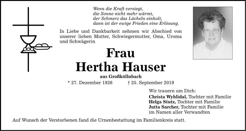 Traueranzeige Hertha Hauser