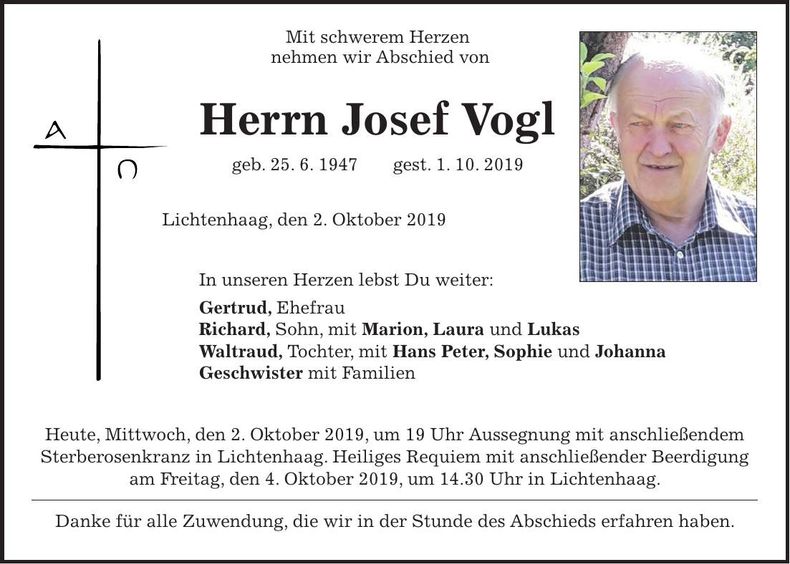 Traueranzeige Josef Vogl