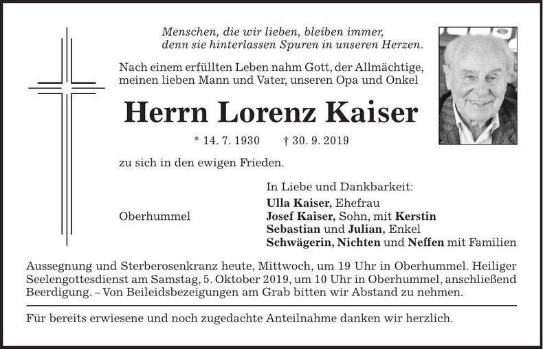 Traueranzeige Lorenz Kaiser
