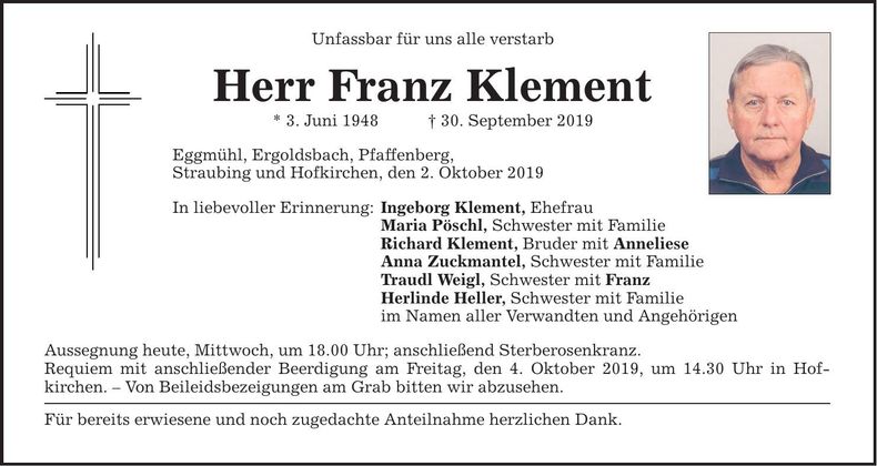 Traueranzeige Franz Klement