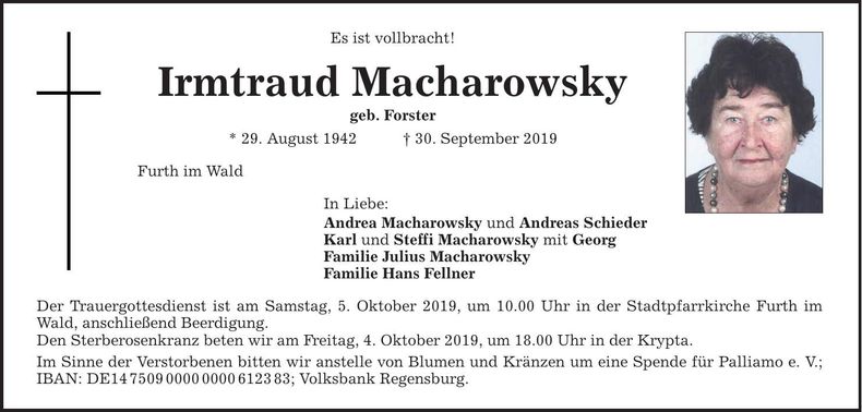 Traueranzeige Irmtraud Macharowsky