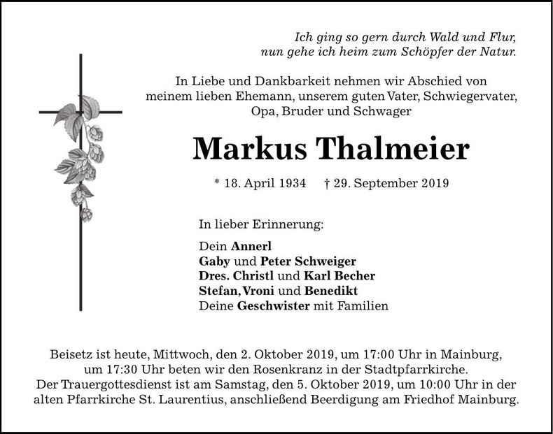 Traueranzeige Markus Thalmeier