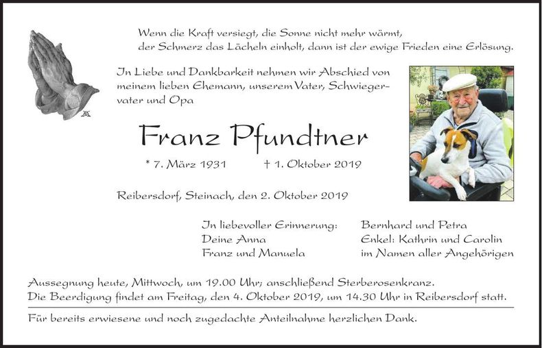 Traueranzeige Franz Pfundtner