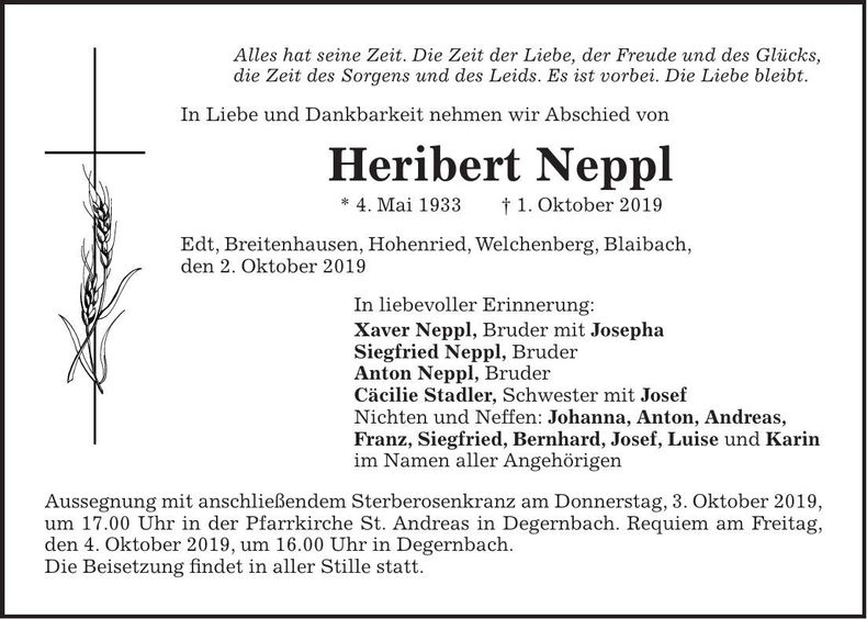 Traueranzeige Heribert Neppl