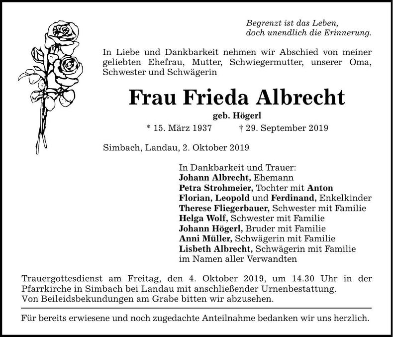 Traueranzeige Frieda Albrecht