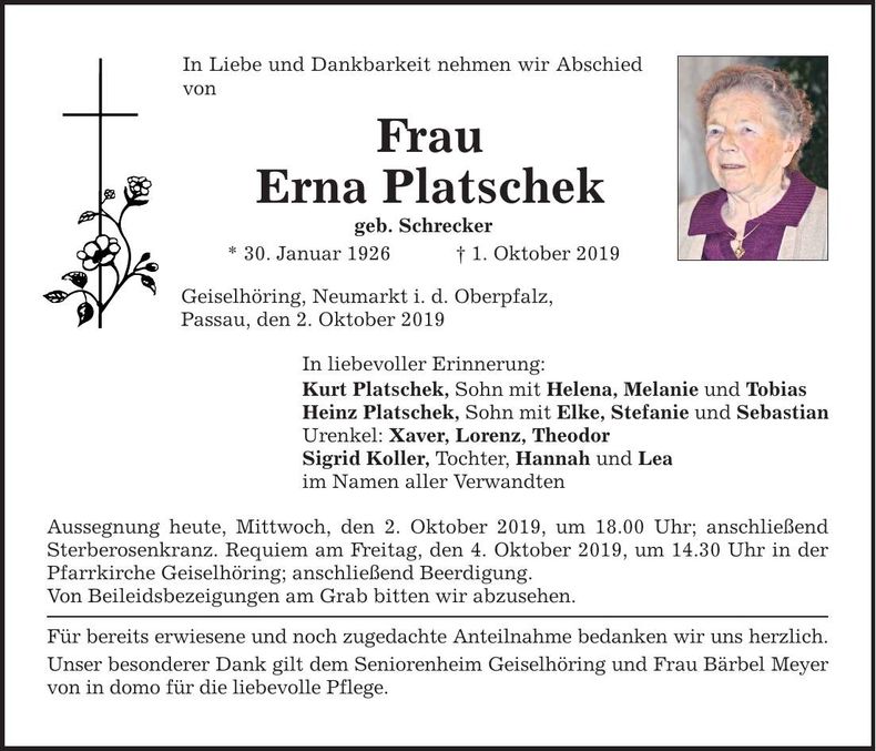 Traueranzeige Erna Platschek