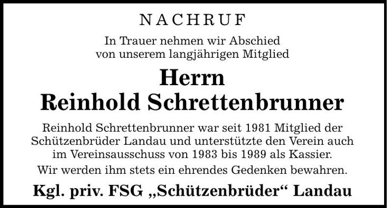 Traueranzeige Reinhold Schrettenbrunner