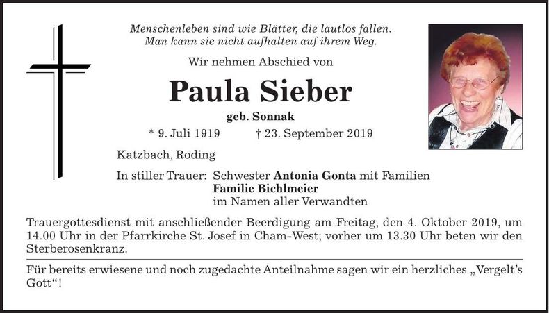 Traueranzeige Paula Sieber