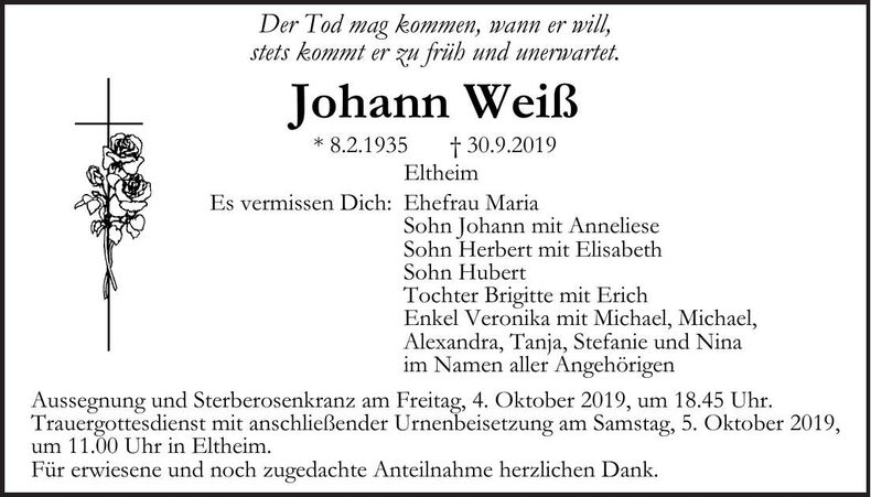 Traueranzeige Johann Weiß
