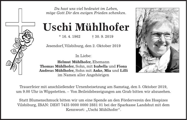 Traueranzeige Uschi Mühlhofer