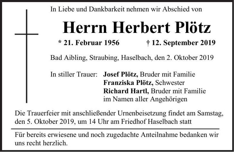 Traueranzeige Herbert Plötz