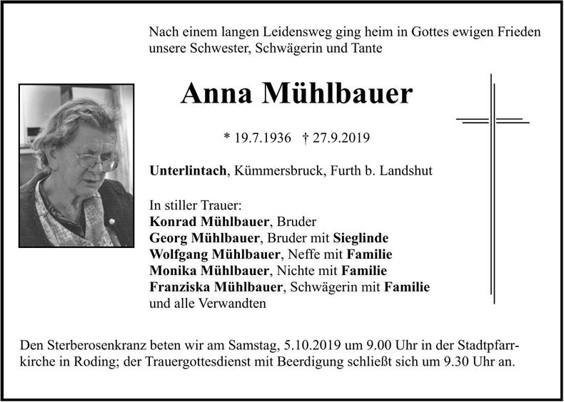 Traueranzeige Anna Mühlbauer