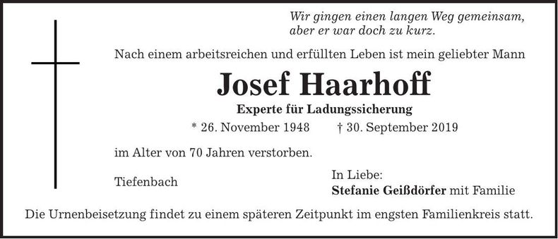 Traueranzeige Josef Haarhoff