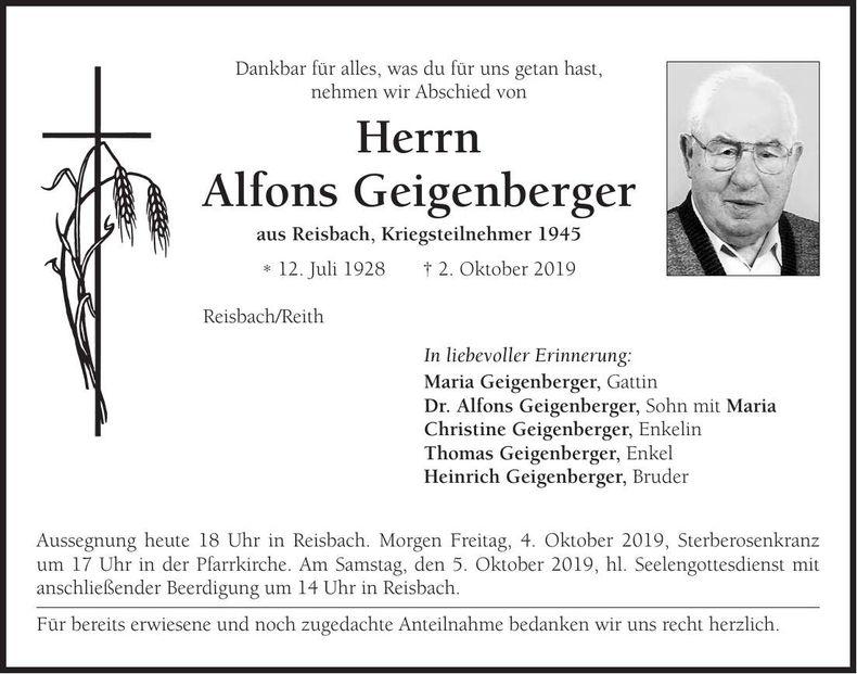 Traueranzeige Alfons Geigenberger