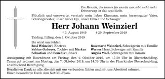 Traueranzeige Johann Weinzierl