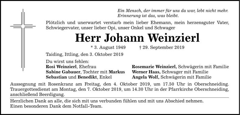 Traueranzeige Johann Weinzierl