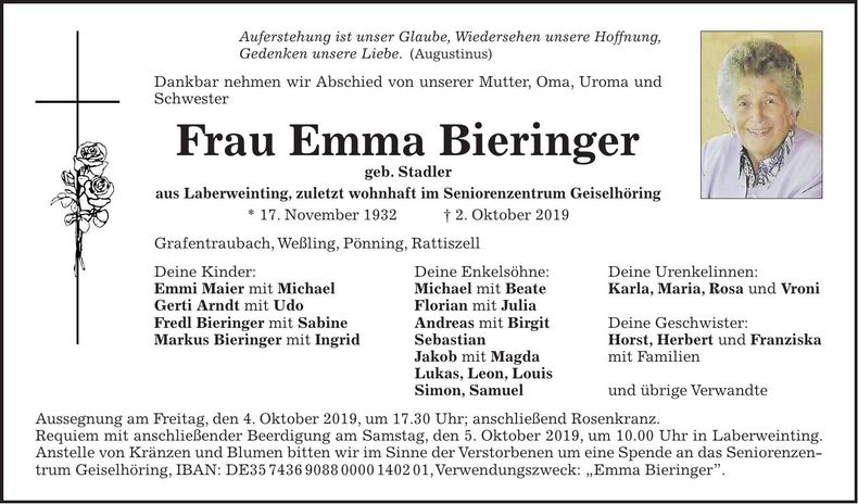 Traueranzeige Emma Pieringer