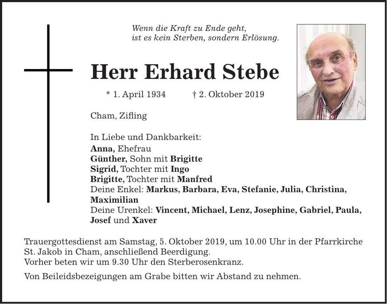 Traueranzeige Erhard Stebe