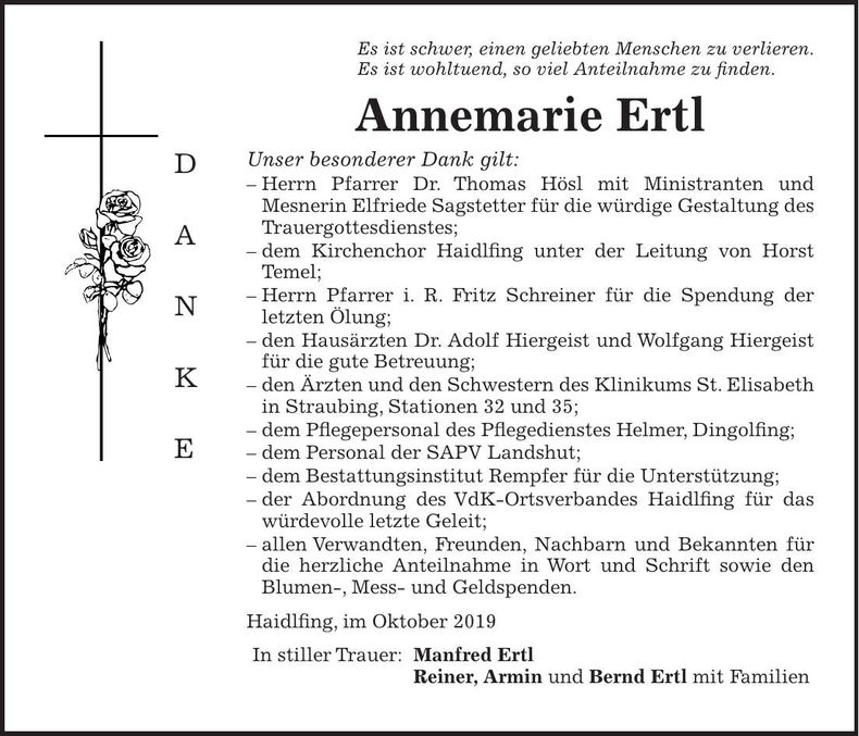 Traueranzeige Annemarie Ertl