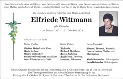 Traueranzeige Elfriede Wittmann
