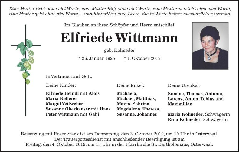 Traueranzeige Elfriede Wittmann