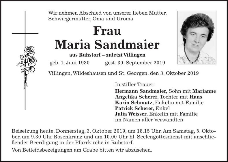 Traueranzeige Maria Sandmaier