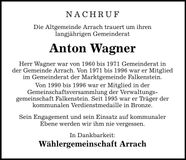 Traueranzeige Anton Wagner