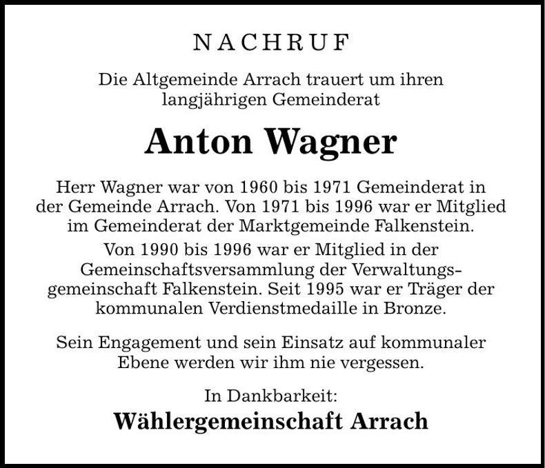 Traueranzeige Anton Wagner