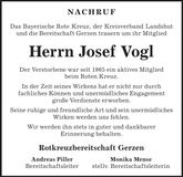 Traueranzeige Josef Vogl