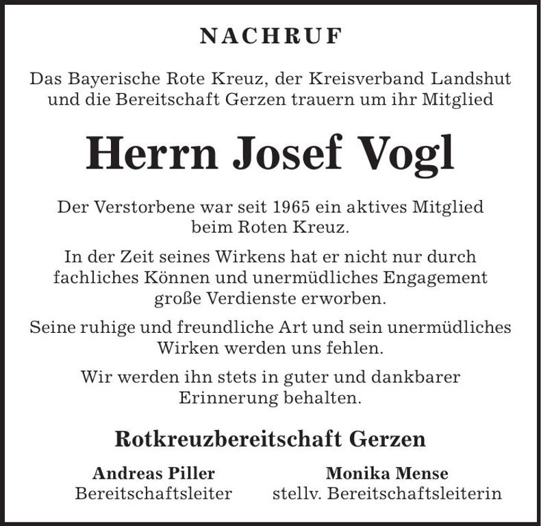 Traueranzeige Josef Vogl