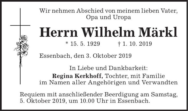 Traueranzeige Wilhelm Märkl