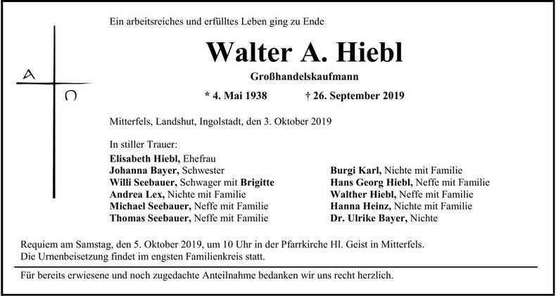 Traueranzeige Walter A. Hiebl