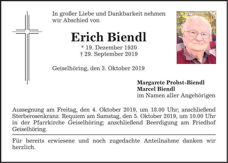 Traueranzeige Erich Biendl