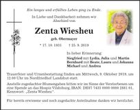 Traueranzeige Zenta Wiesheu