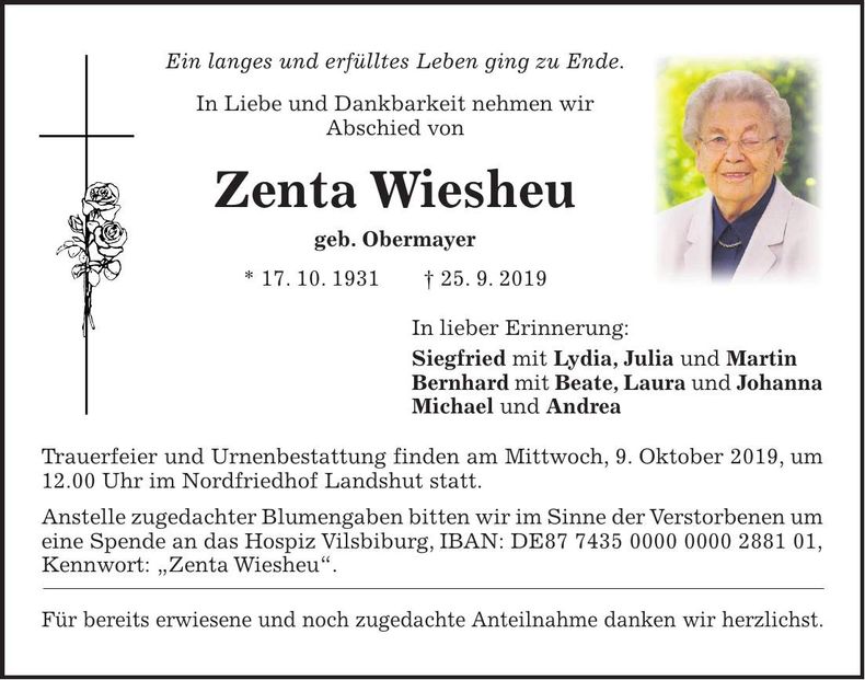 Traueranzeige Zenta Wiesheu