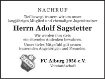 Traueranzeige Adolf Sagstetter