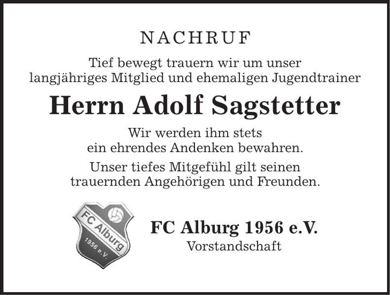 Traueranzeige Adolf Sagstetter